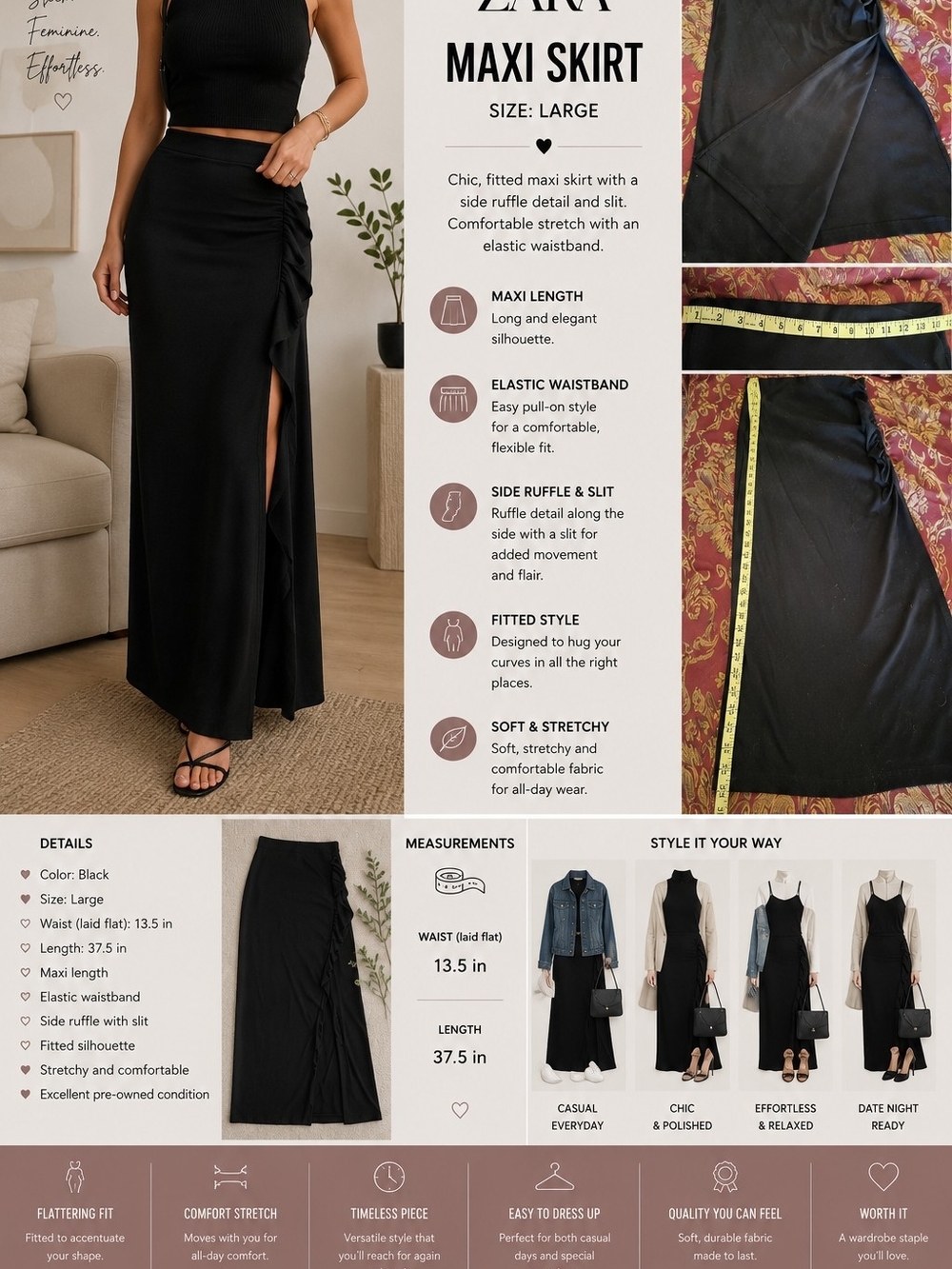 Zara Black Maxi Skirt with Side Ruffle and Thigh Slit